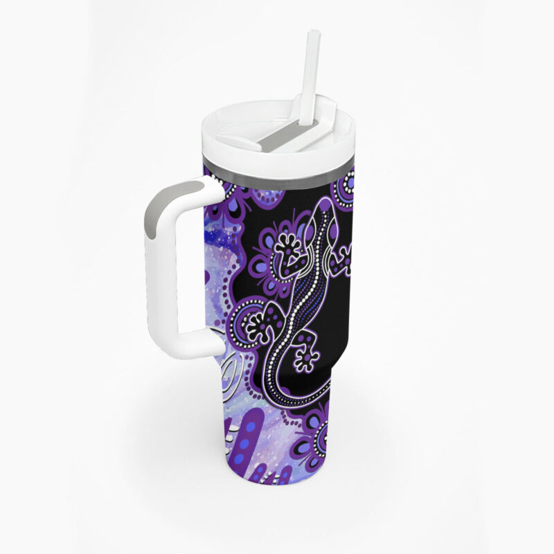Australia Opal Aussie Lizard With Aboriginal Art ‚Äì Purple Custom Stanley Quencher 40oz Stainless Steel Tumbler With Handle - Threewoofs - Image 4