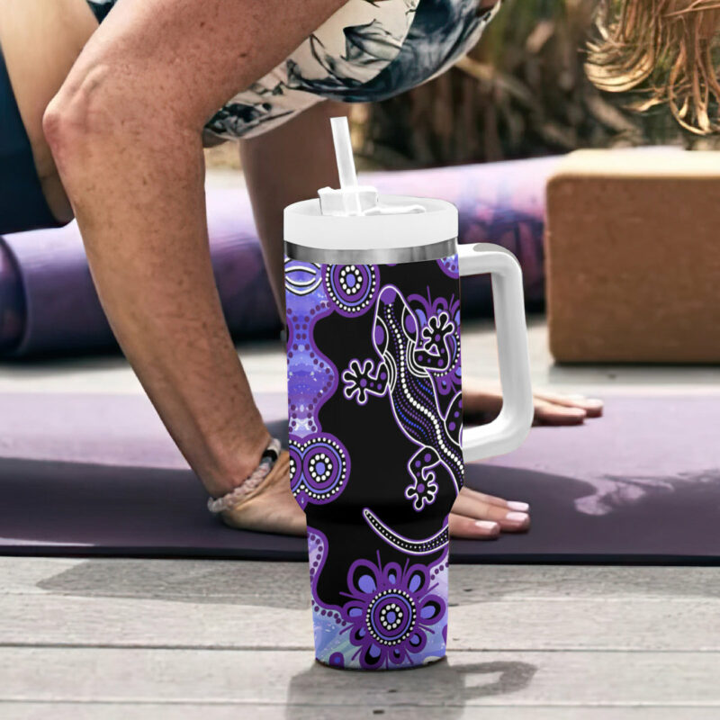 Australia Opal Aussie Lizard With Aboriginal Art ‚Äì Purple Custom Stanley Quencher 40oz Stainless Steel Tumbler With Handle - Threewoofs - Image 7