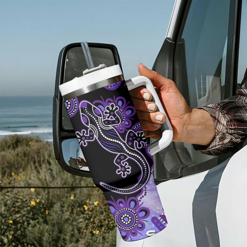 Australia Opal Aussie Lizard With Aboriginal Art ‚Äì Purple Custom Stanley Quencher 40oz Stainless Steel Tumbler With Handle - Threewoofs - Image 8