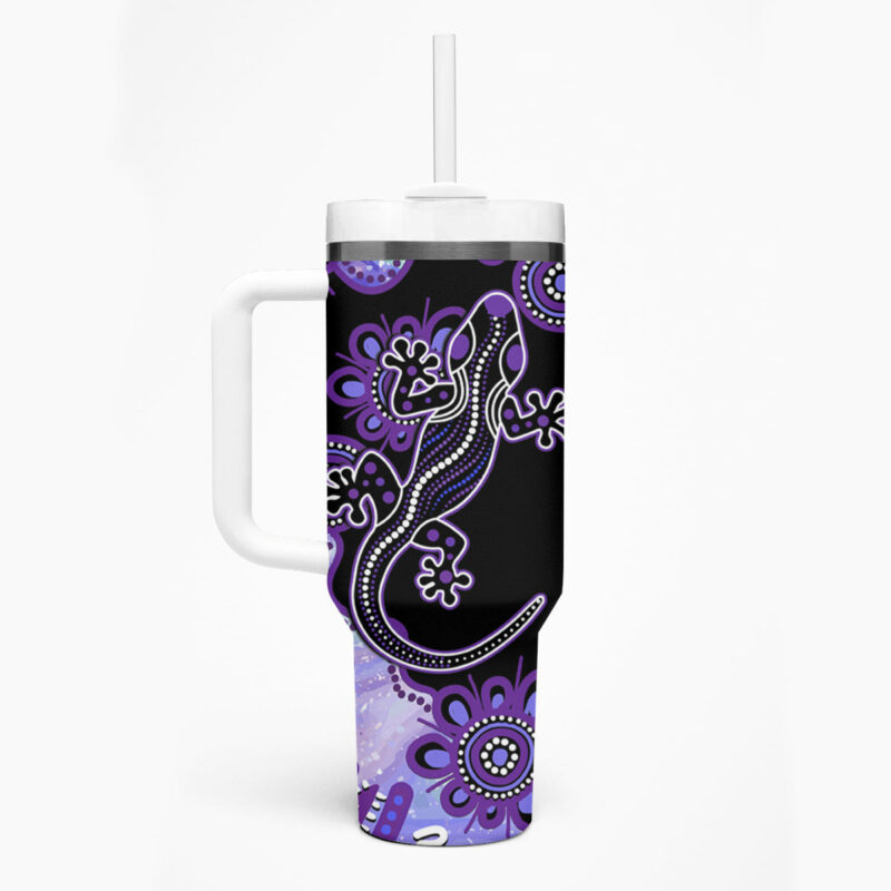 Australia Opal Aussie Lizard With Aboriginal Art ‚Äì Purple Custom Stanley Quencher 40oz Stainless Steel Tumbler With Handle - Threewoofs - Image 3