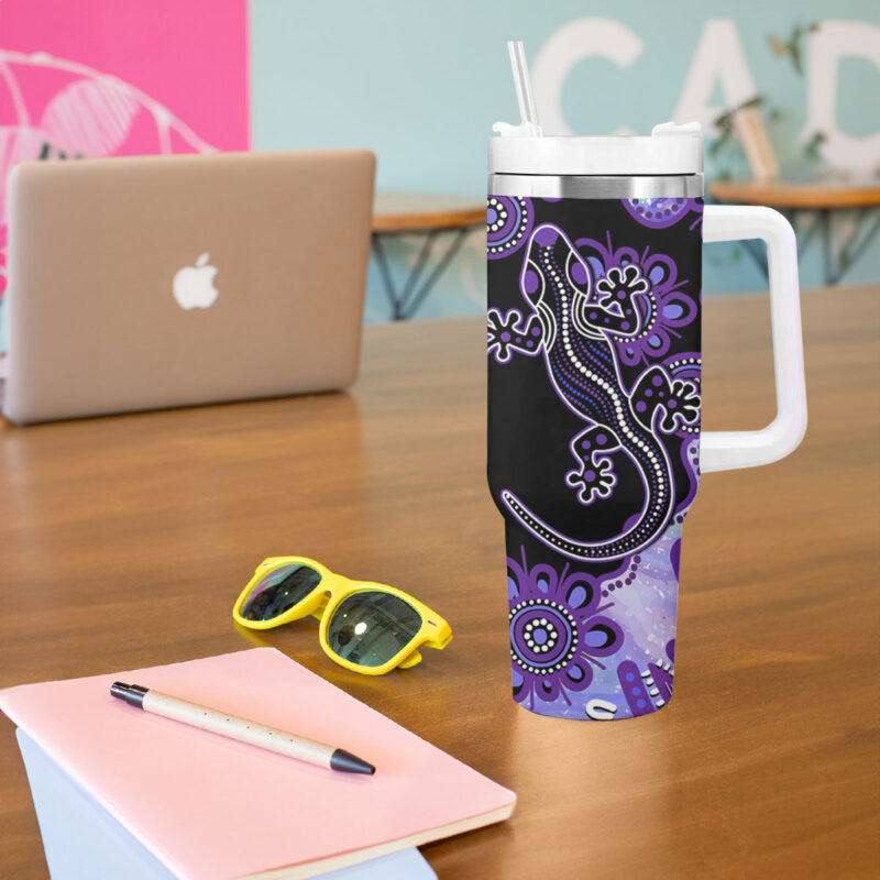 Australia Opal Aussie Lizard With Aboriginal Art ‚Äì Purple Custom Stanley Quencher 40oz Stainless Steel Tumbler With Handle - Threewoofs - Image 6