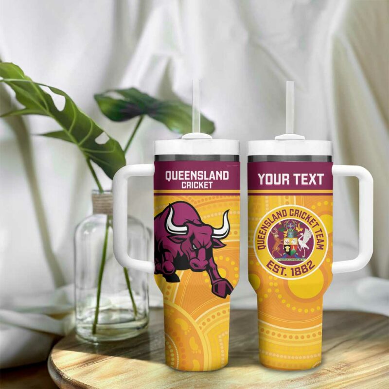 Australia Queensland Cricket Go Bulls ‚Äì Aboriginal Art Custom Stanley Quencher 40oz Stainless Steel Tumbler With Handle - Threewoofs - Image 9