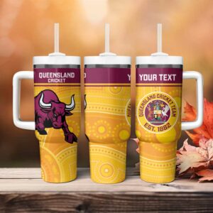 Australia Queensland Cricket Go Bulls ‚Äì Aboriginal Art Custom Stanley Quencher 40oz Stainless Steel Tumbler With Handle - Threewoofs