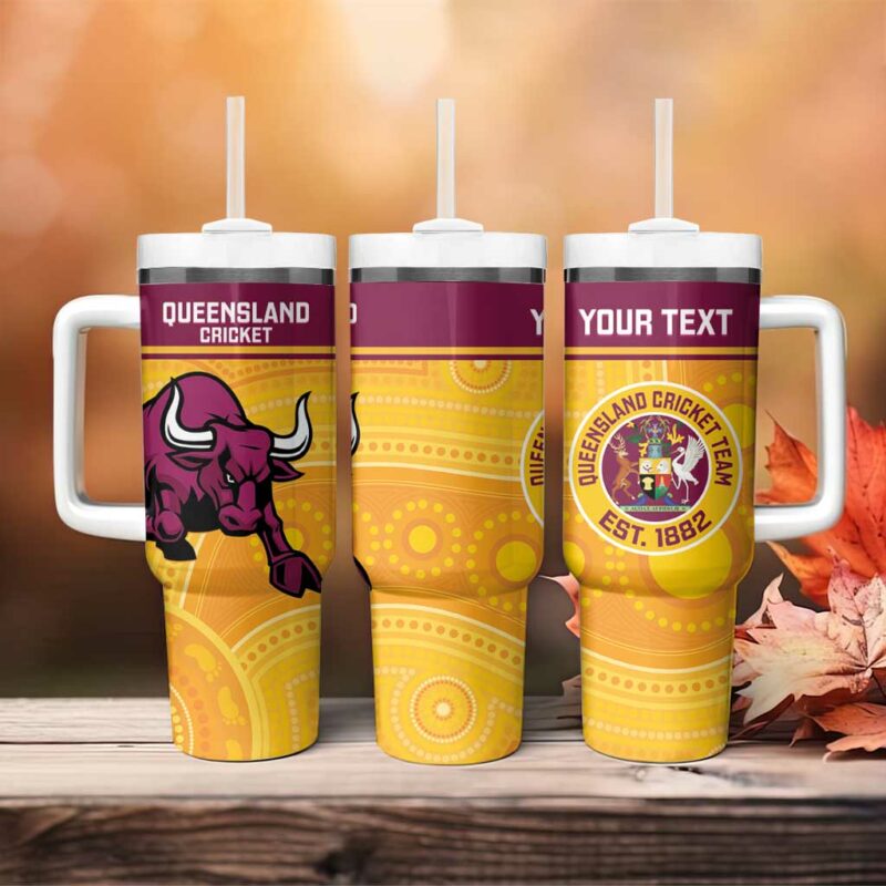 Australia Queensland Cricket Go Bulls ‚Äì Aboriginal Art Custom Stanley Quencher 40oz Stainless Steel Tumbler With Handle - Threewoofs
