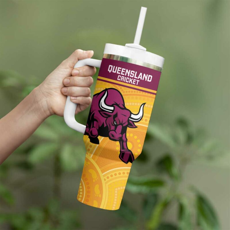 Australia Queensland Cricket Go Bulls ‚Äì Aboriginal Art Custom Stanley Quencher 40oz Stainless Steel Tumbler With Handle - Threewoofs - Image 4