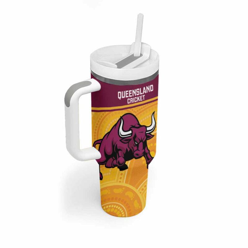 Australia Queensland Cricket Go Bulls ‚Äì Aboriginal Art Custom Stanley Quencher 40oz Stainless Steel Tumbler With Handle - Threewoofs - Image 3