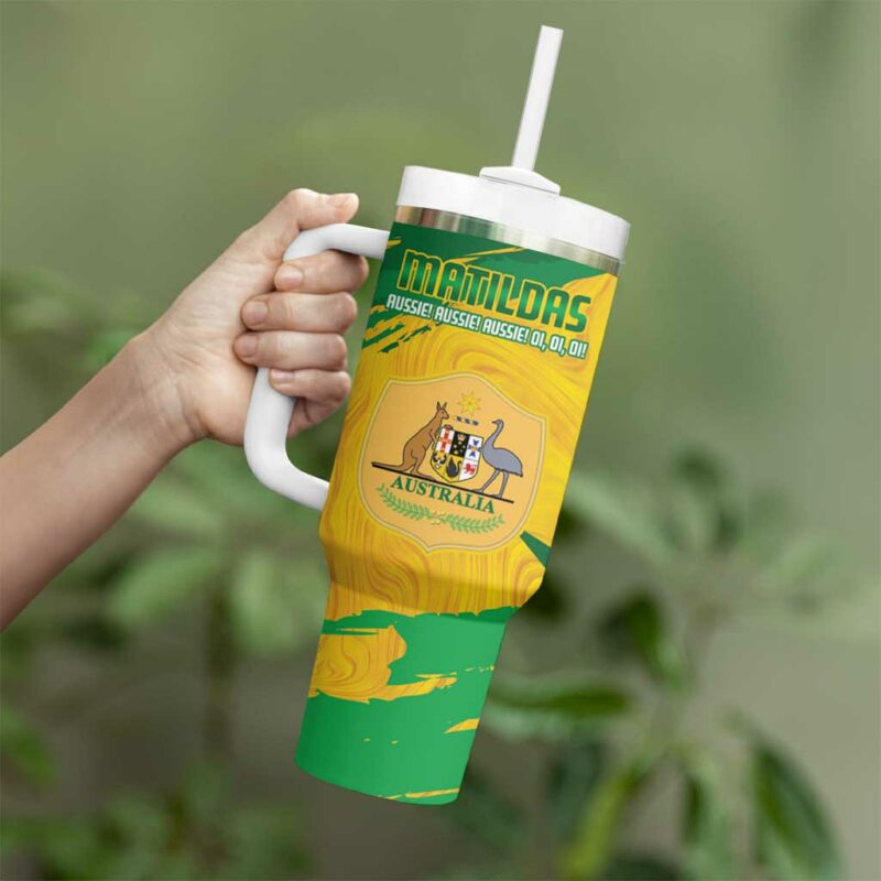 Australia Soccer 2025 Go Matildas Marble Grunge Style Custom Stanley Quencher 40oz Stainless Steel Tumbler With Handle - Threewoofs - Image 4