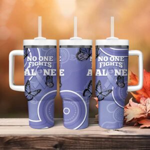 Australia Stomach Cancer Awareness No One Fights Alone Aboriginal Art Custom Stanley Quencher 40oz Stainless Steel Tumbler With Handle - Threewoofs