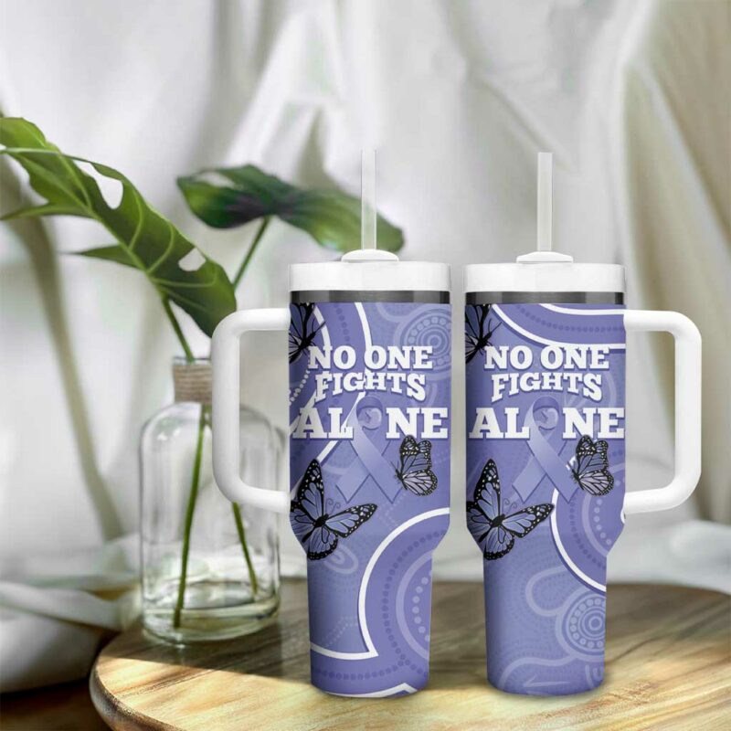 Australia Stomach Cancer Awareness No One Fights Alone Aboriginal Art Custom Stanley Quencher 40oz Stainless Steel Tumbler With Handle - Threewoofs - Image 9
