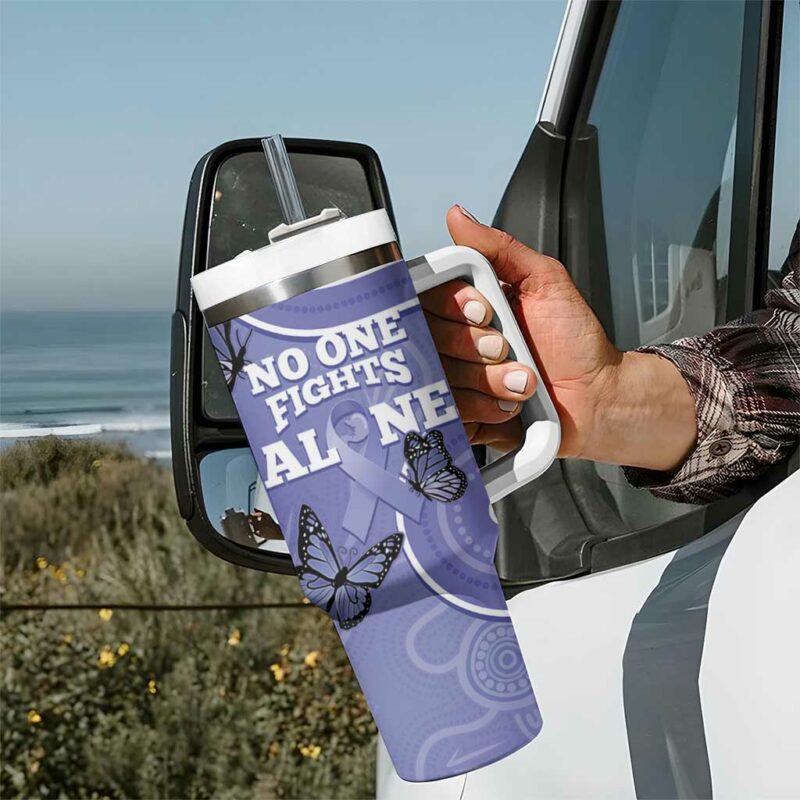Australia Stomach Cancer Awareness No One Fights Alone Aboriginal Art Custom Stanley Quencher 40oz Stainless Steel Tumbler With Handle - Threewoofs - Image 7