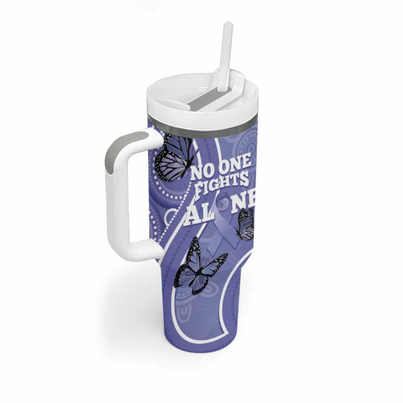 Australia Stomach Cancer Awareness No One Fights Alone Aboriginal Art Custom Stanley Quencher 40oz Stainless Steel Tumbler With Handle - Threewoofs - Image 3