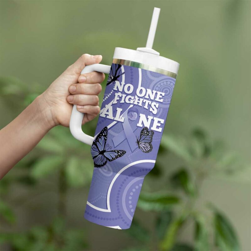 Australia Stomach Cancer Awareness No One Fights Alone Aboriginal Art Custom Stanley Quencher 40oz Stainless Steel Tumbler With Handle - Threewoofs - Image 4
