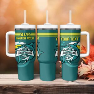Australia Water Polo 2024 Aussie Shark Sporty Version Custom Stanley Quencher 40oz Stainless Steel Tumbler With Handle - Threewoofs