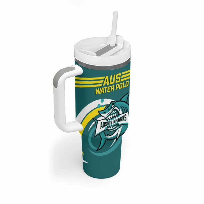 Australia Water Polo 2024 Aussie Shark Sporty Version Custom Stanley Quencher 40oz Stainless Steel Tumbler With Handle - Threewoofs - Image 3