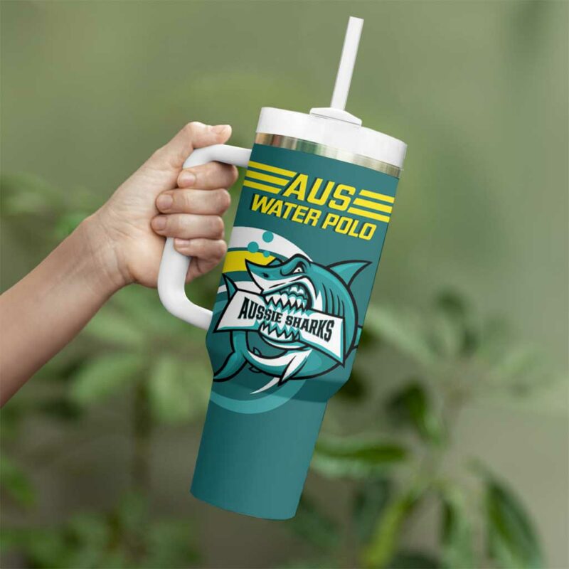 Australia Water Polo 2024 Aussie Shark Sporty Version Custom Stanley Quencher 40oz Stainless Steel Tumbler With Handle - Threewoofs - Image 4