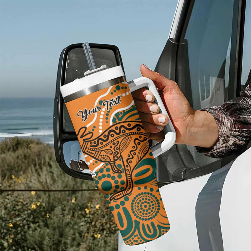 AustraliaFiji Palm and Kangaroo Polynesia Tapa Mixed Indigenous Aboriginal Custom Stanley Quencher 40oz Stainless Steel Tumbler With Handle - Threewoofs - Image 7