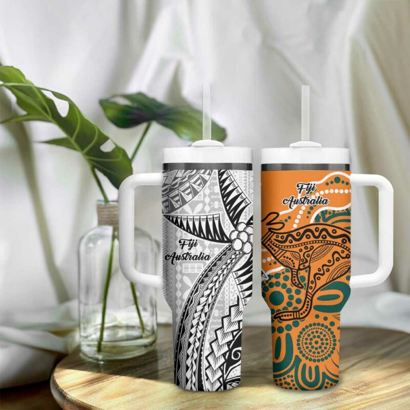 AustraliaFiji Palm and Kangaroo Polynesia Tapa Mixed Indigenous Aboriginal Custom Stanley Quencher 40oz Stainless Steel Tumbler With Handle - Threewoofs - Image 9