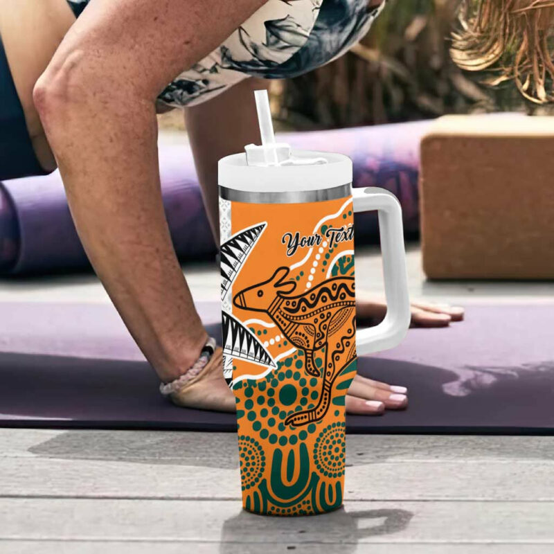 AustraliaFiji Palm and Kangaroo Polynesia Tapa Mixed Indigenous Aboriginal Custom Stanley Quencher 40oz Stainless Steel Tumbler With Handle - Threewoofs - Image 6