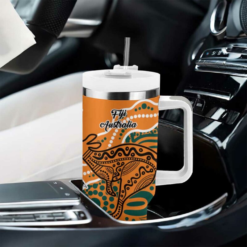 AustraliaFiji Palm and Kangaroo Polynesia Tapa Mixed Indigenous Aboriginal Custom Stanley Quencher 40oz Stainless Steel Tumbler With Handle - Threewoofs - Image 8