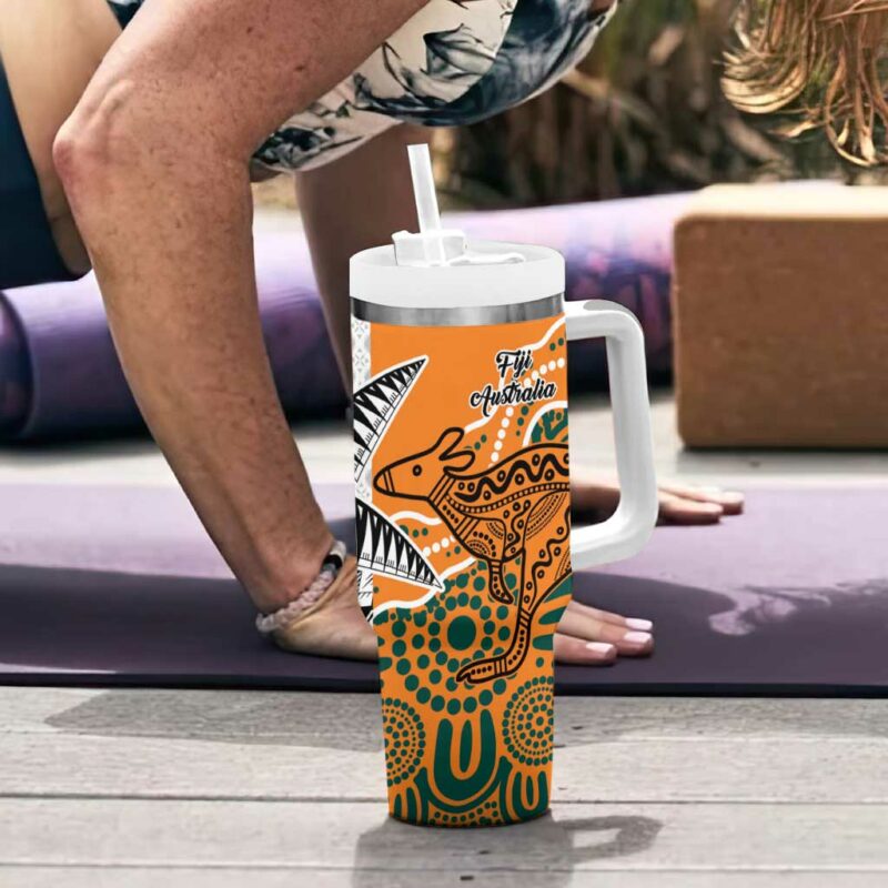 AustraliaFiji Palm and Kangaroo Polynesia Tapa Mixed Indigenous Aboriginal Custom Stanley Quencher 40oz Stainless Steel Tumbler With Handle - Threewoofs - Image 6