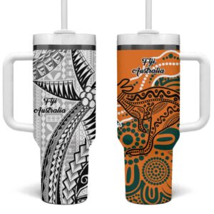 AustraliaFiji Palm and Kangaroo Polynesia Tapa Mixed Indigenous Aboriginal Custom Stanley Quencher 40oz Stainless Steel Tumbler With Handle - Threewoofs