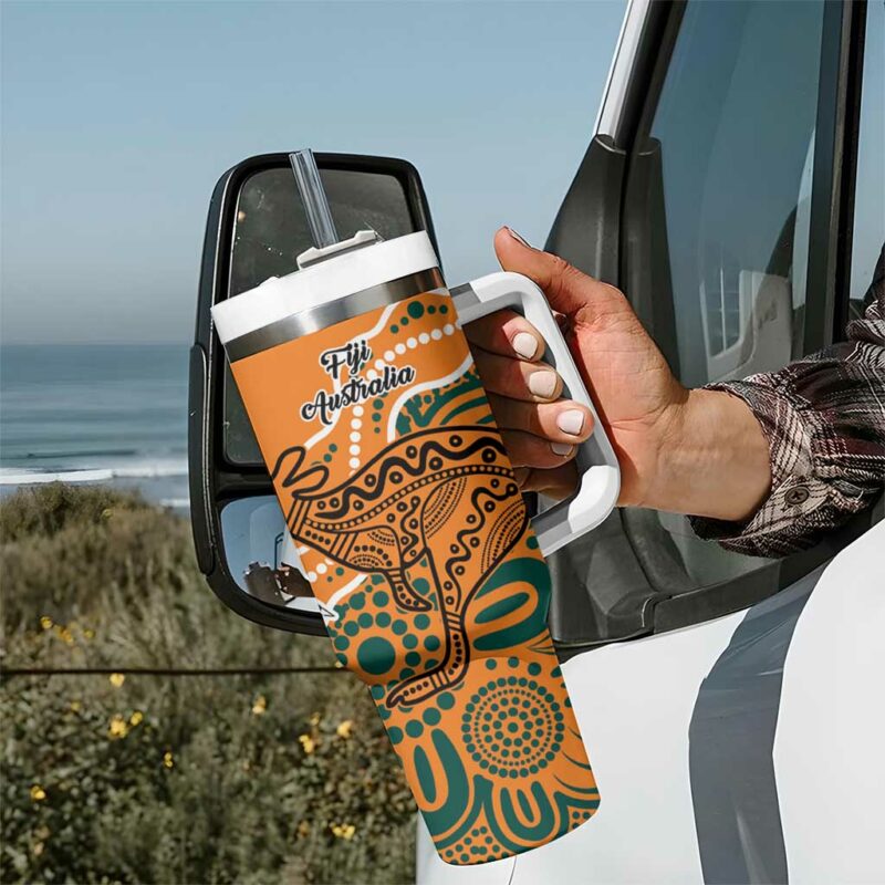 AustraliaFiji Palm and Kangaroo Polynesia Tapa Mixed Indigenous Aboriginal Custom Stanley Quencher 40oz Stainless Steel Tumbler With Handle - Threewoofs - Image 7