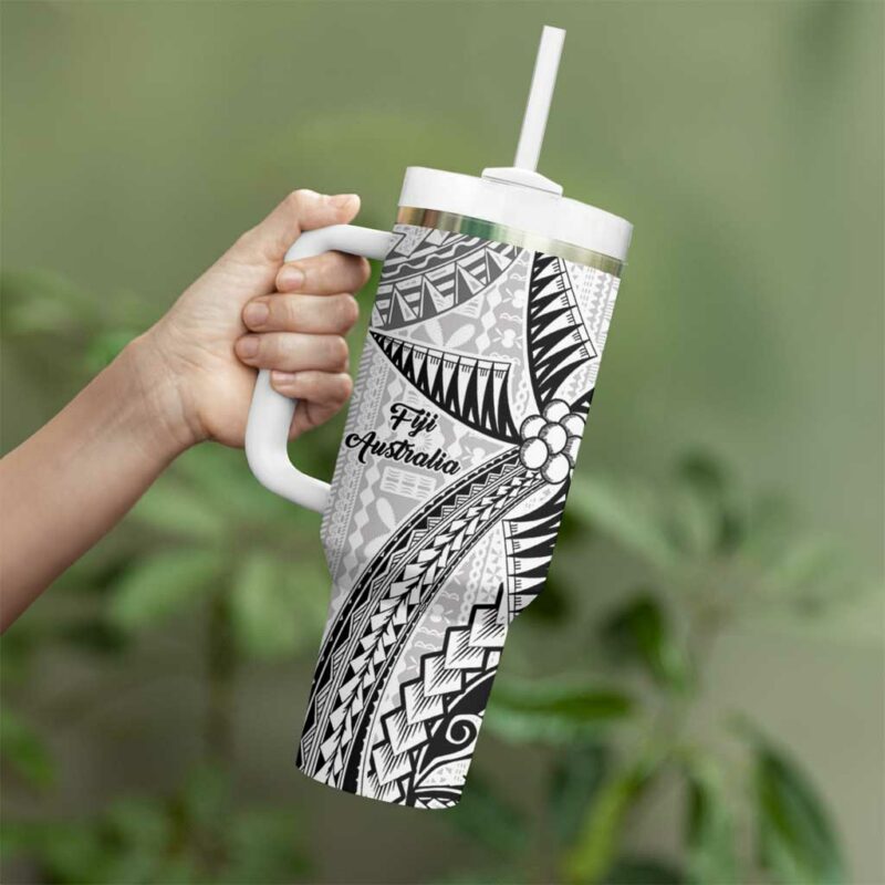 AustraliaFiji Palm and Kangaroo Polynesia Tapa Mixed Indigenous Aboriginal Custom Stanley Quencher 40oz Stainless Steel Tumbler With Handle - Threewoofs - Image 3