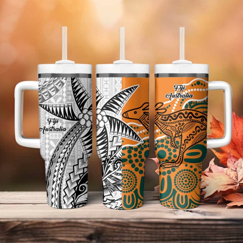 AustraliaFiji Palm and Kangaroo Polynesia Tapa Mixed Indigenous Aboriginal Custom Stanley Quencher 40oz Stainless Steel Tumbler With Handle - Threewoofs - Image 4
