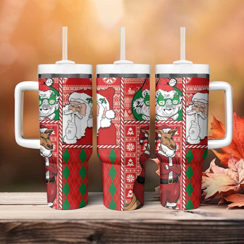 Australian Christmas Santa Koala Kangaroo and Holiday Cheer Custom Stanley Quencher 40oz Stainless Steel Tumbler With Handle - Threewoofs - Image 4