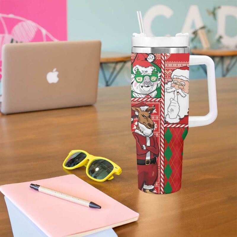 Australian Christmas Santa Koala Kangaroo and Holiday Cheer Custom Stanley Quencher 40oz Stainless Steel Tumbler With Handle - Threewoofs - Image 5