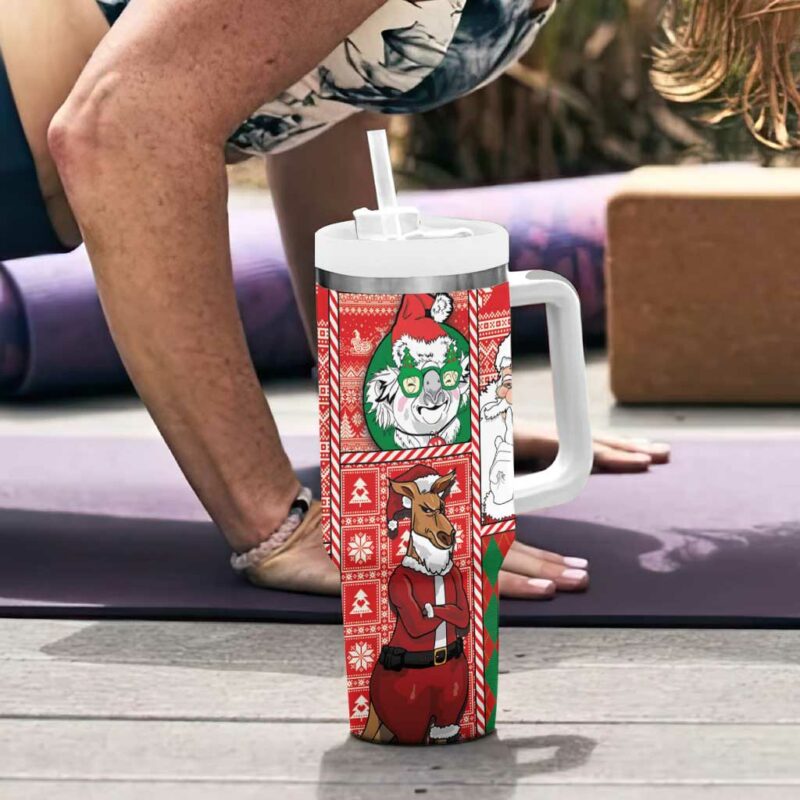 Australian Christmas Santa Koala Kangaroo and Holiday Cheer Custom Stanley Quencher 40oz Stainless Steel Tumbler With Handle - Threewoofs - Image 6