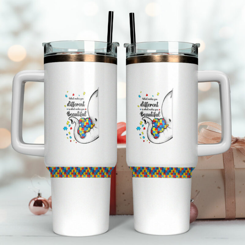 Autism Awareness Elephant Wreath Custom Stanley Quencher 40oz Stainless Steel Tumbler With Handle - Threewoofs - Image 4