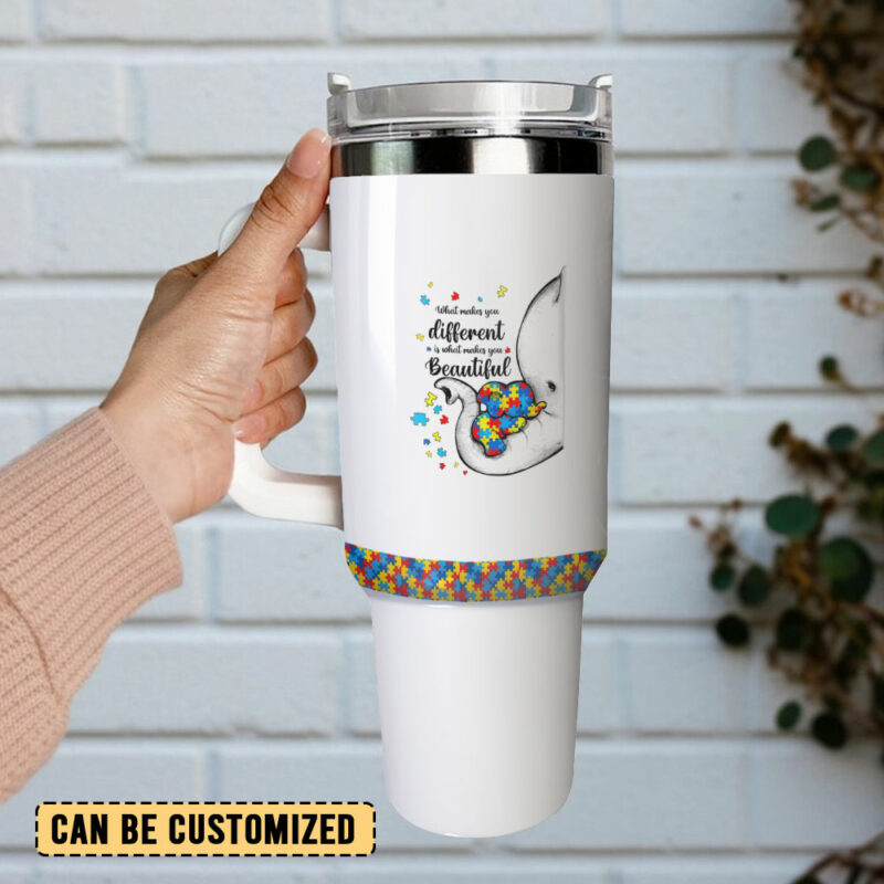 Autism Awareness Elephant Wreath Custom Stanley Quencher 40oz Stainless Steel Tumbler With Handle - Threewoofs - Image 3