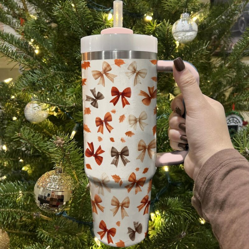 Autumn Bow Ambiance Custom Stanley Quencher 40oz Stainless Steel Tumbler With Handle - Threewoofs - Image 4