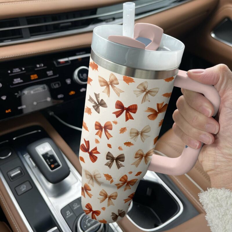 Autumn Bow Ambiance Custom Stanley Quencher 40oz Stainless Steel Tumbler With Handle - Threewoofs - Image 3
