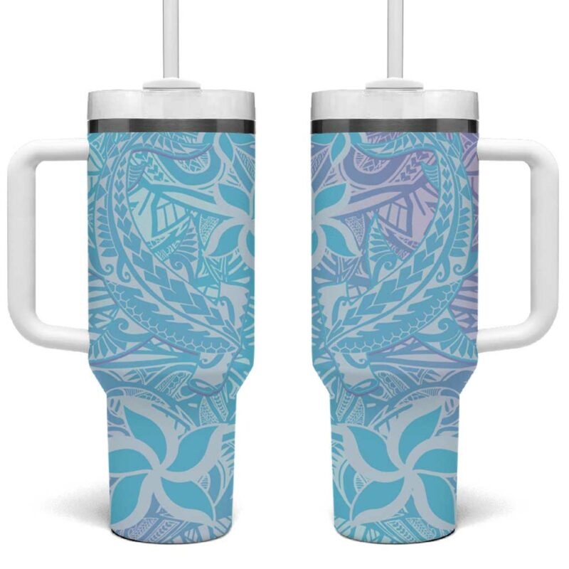 Baby Blue Gradient Polynesia Hawaiian Tribal Hammerhead Shark Tattoo Custom Stanley Quencher 40oz Stainless Steel Tumbler With Handle - Threewoofs