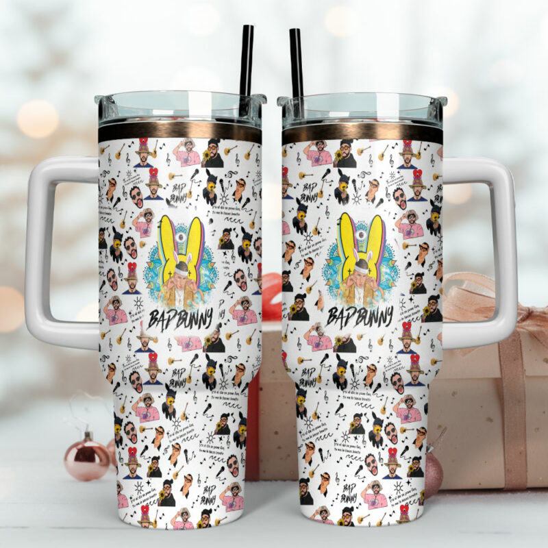 Bad Bunny Music Custom Stanley Quencher 40oz Stainless Steel Tumbler With Handle - Threewoofs - Image 4