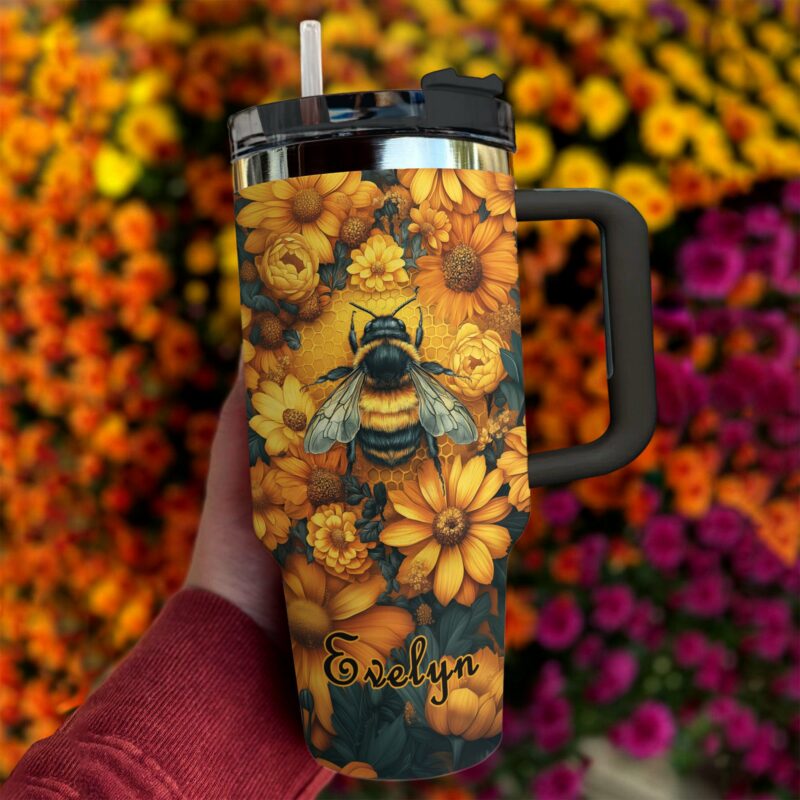 Bee with Sunflowers Custom Stanley Quencher 40oz Stainless Steel Tumbler With Handle - Threewoofs - Image 2