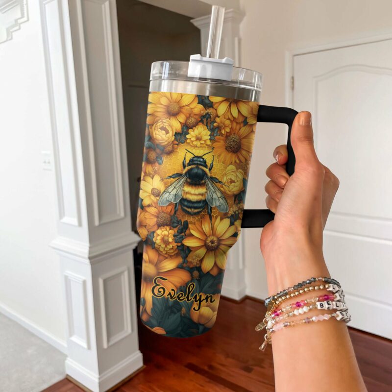 Bee with Sunflowers Custom Stanley Quencher 40oz Stainless Steel Tumbler With Handle - Threewoofs - Image 3