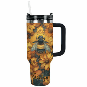 Bee with Sunflowers Custom Stanley Quencher 40oz Stainless Steel Tumbler With Handle - Threewoofs