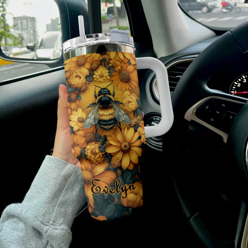 Bee with Sunflowers Custom Stanley Quencher 40oz Stainless Steel Tumbler With Handle - Threewoofs - Image 4