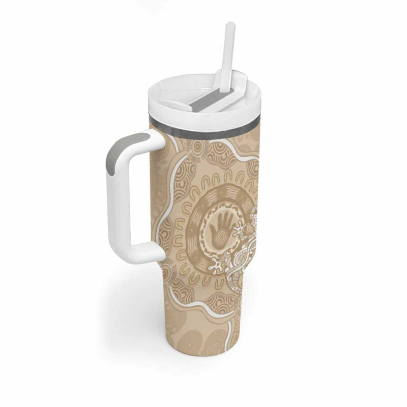 Beige Australia Lizard With Aboriginal Art Custom Stanley Quencher 40oz Stainless Steel Tumbler With Handle - Threewoofs - Image 3