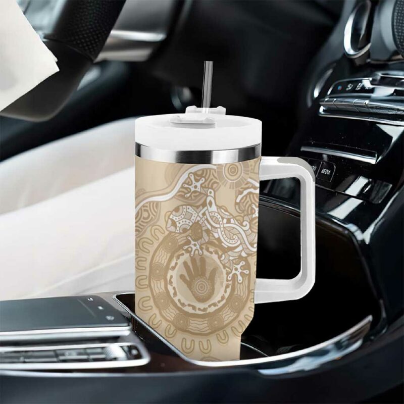Beige Australia Lizard With Aboriginal Art Custom Stanley Quencher 40oz Stainless Steel Tumbler With Handle - Threewoofs - Image 8