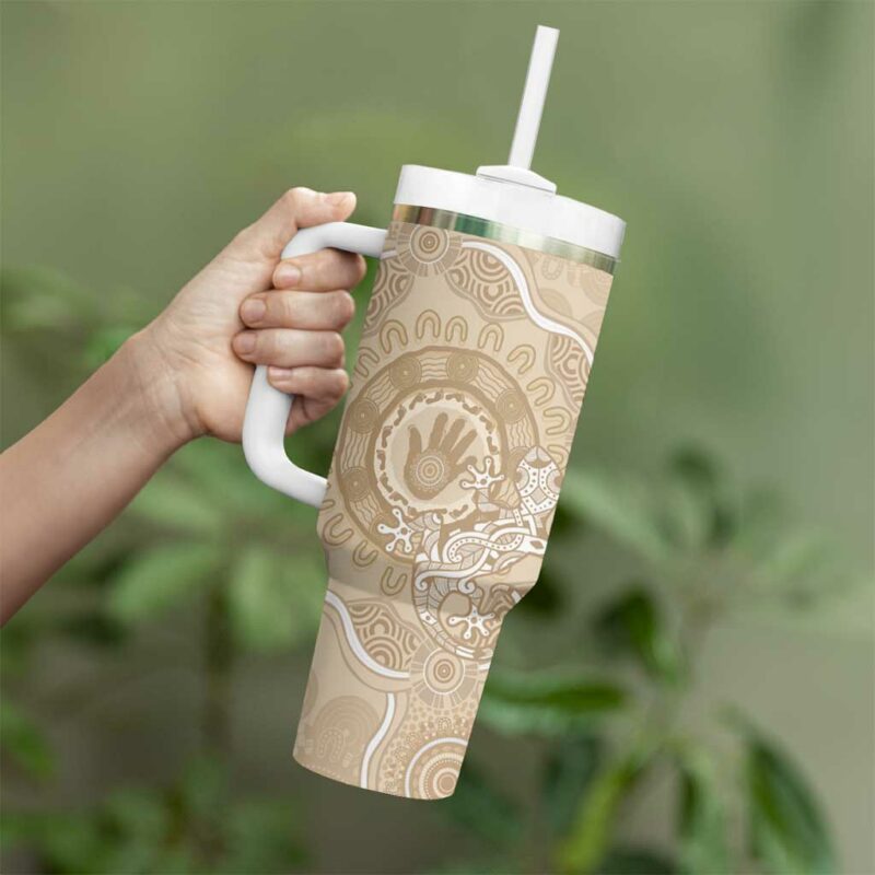 Beige Australia Lizard With Aboriginal Art Custom Stanley Quencher 40oz Stainless Steel Tumbler With Handle - Threewoofs - Image 4