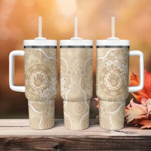 Beige Australia Lizard With Aboriginal Art Custom Stanley Quencher 40oz Stainless Steel Tumbler With Handle - Threewoofs