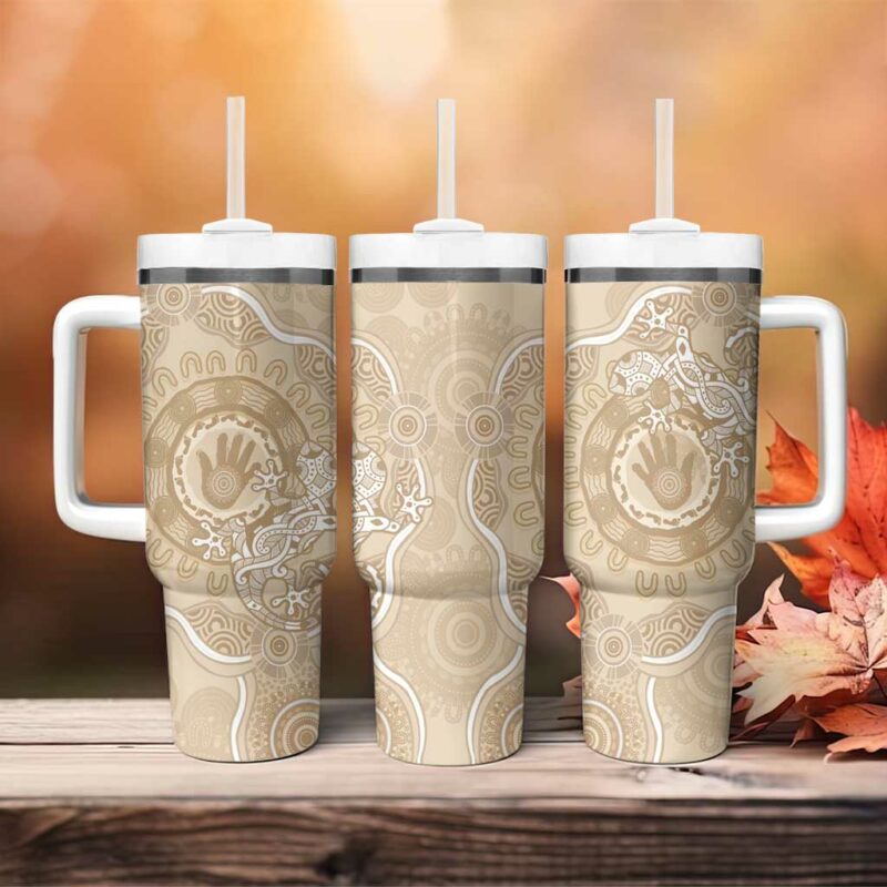 Beige Australia Lizard With Aboriginal Art Custom Stanley Quencher 40oz Stainless Steel Tumbler With Handle - Threewoofs