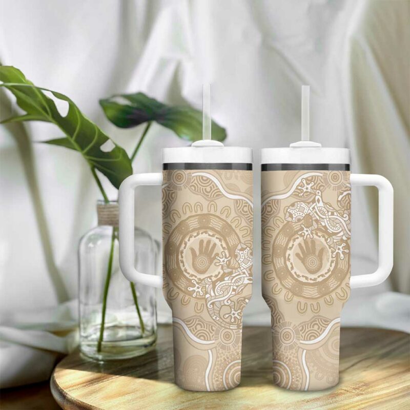 Beige Australia Lizard With Aboriginal Art Custom Stanley Quencher 40oz Stainless Steel Tumbler With Handle - Threewoofs - Image 9