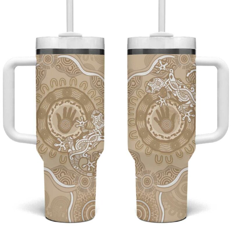 Beige Australia Lizard With Aboriginal Art Custom Stanley Quencher 40oz Stainless Steel Tumbler With Handle - Threewoofs - Image 2