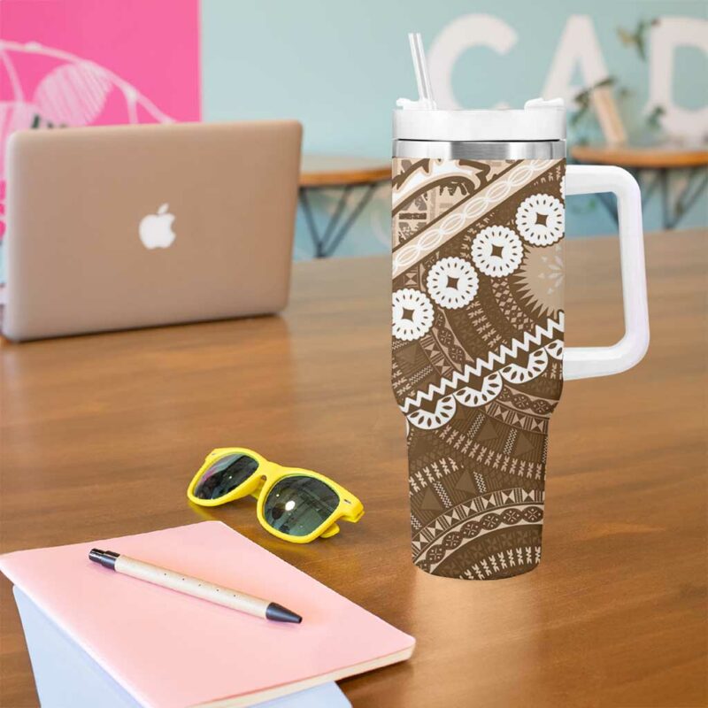 Beige Bula Fiji Fijian Language Week Tapa Cloth Pastel Custom Stanley Quencher 40oz Stainless Steel Tumbler With Handle - Threewoofs - Image 5