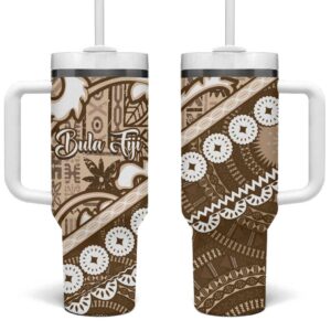 Beige Bula Fiji Fijian Language Week Tapa Cloth Pastel Custom Stanley Quencher 40oz Stainless Steel Tumbler With Handle - Threewoofs
